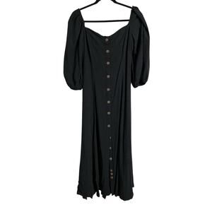 LelaSilk Black Linen Button Front Midi Dress Puff Sleeve Custom Cottagecore